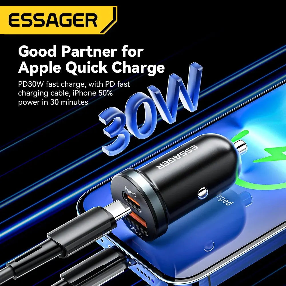 Essager 30W 5A QC 4.0 PD 3.0 USB Car Charger Quick Charge4.0 USB Type C Car Fast Charging For iPhone 12 13 Huawei Samsung Xiaomi