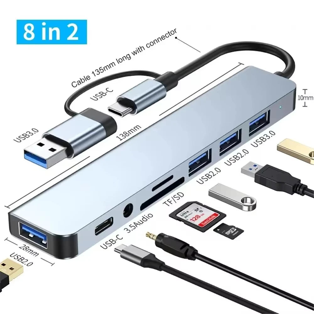 8 in 2 USB-C HUB USB Splitter USB Extender with 4 USB Port 1 USBC Port TF/SD Card Reader Audio Output Compatible with MacBook