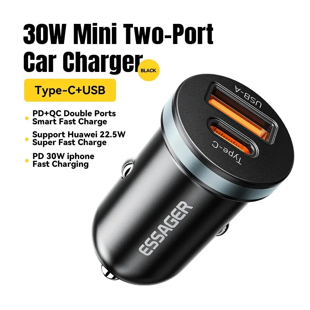Essager 30W 5A QC 4.0 PD 3.0 USB Car Charger Quick Charge4.0 USB Type C Car Fast Charging For iPhone 12 13 Huawei Samsung Xiaomi